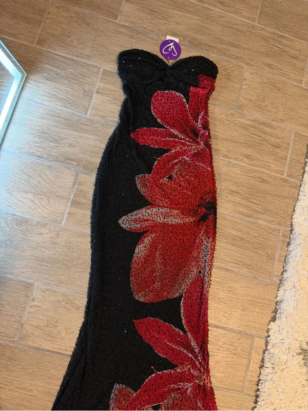 Windsor Black Strapless Sequin Gown with Red Floral Motif - Image 7