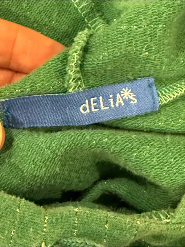 dELiA*s Green Metallic Stripe Short Sleeve Hoodie Top Size Large - Image 7