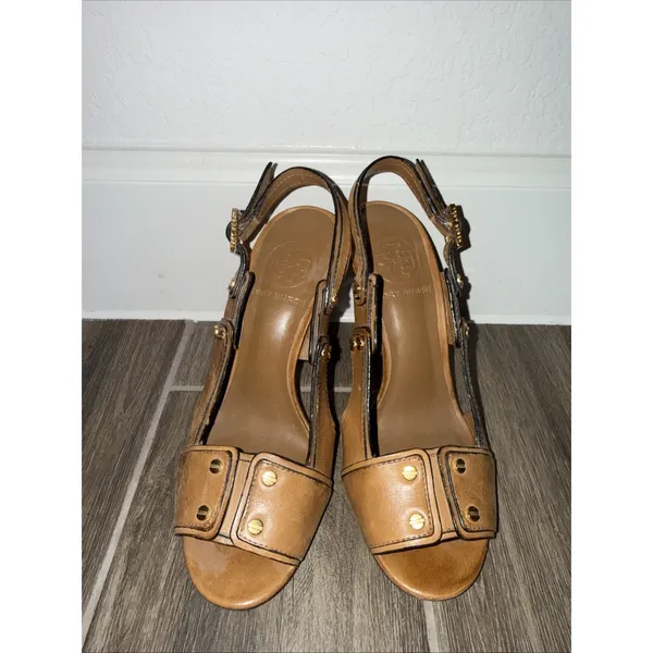 Tory Burch Naomi sz 5.5 sling back tan leather peep toe pumps - Image 2