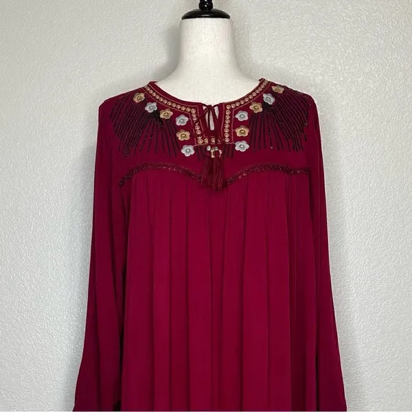 Dabenti Embroidered Sequins Burgundy Long Sleeves Midi Dress, Size XL - Image 2