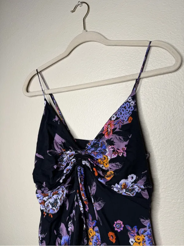 Free People Women Happy Heart Floral Mini Dress S Black Purple Ruched Tie Front - Image 4