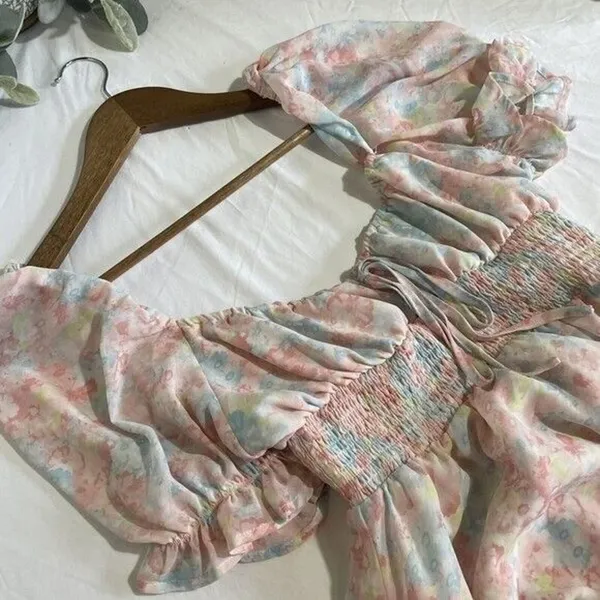 HYFVE Pastel Floral Mini Dress Puff Sleeve Tie Neck Size Large - Image 8