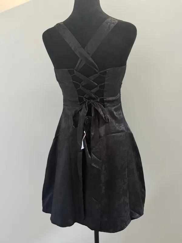 Lulus Exquisite Outlook Black Floral Jacquard Satin Lace-Up Mini Dress - Image 5