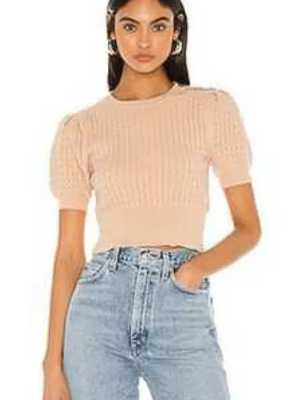 MAJORELLE Revolve Cable Knit Puff Short Sleeve Sweater Tan Button Shoulder sz S - Image 3