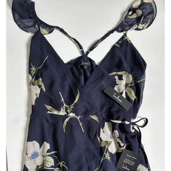 Lulus All Mine Navy Blue Floral Print High-Low‎ Wrap Dress M 65229 NWT - Image 6