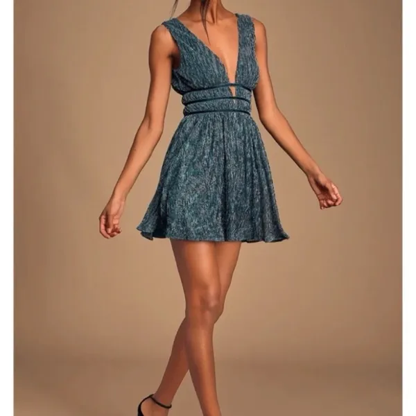Lulus Smokeshow Teal Metallic Sleeveless‎ Mini Dress MEDIUM - Image 4