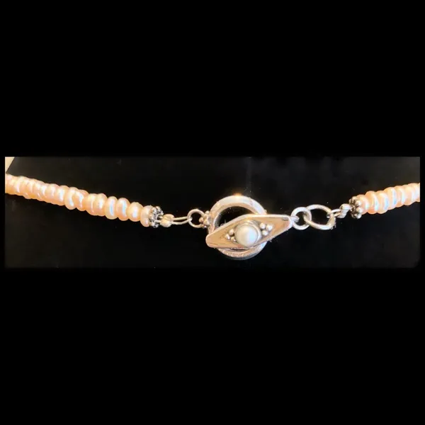 Sterling Silver NWOT & Faux Peach Pearl Necklace with Crystal Accent Pendant - Image 3