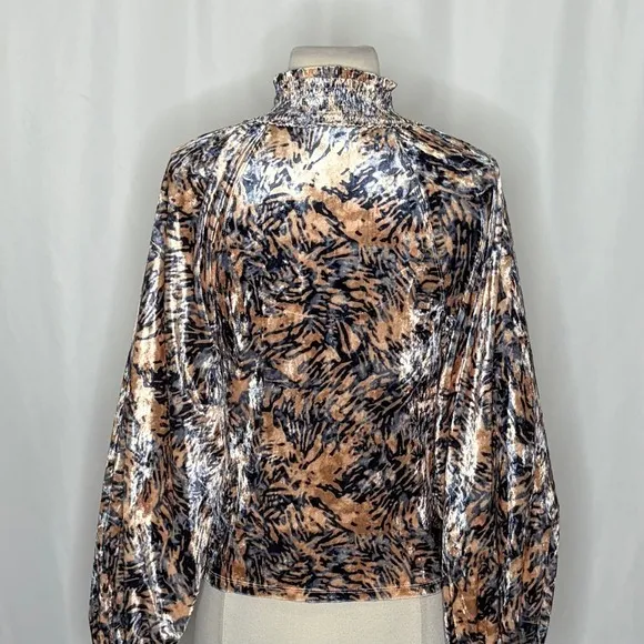 FREE PEOPLE Smocked Crushed Velvet Top Blouse Go Get 'Em Tiger Animal Small - Image 10
