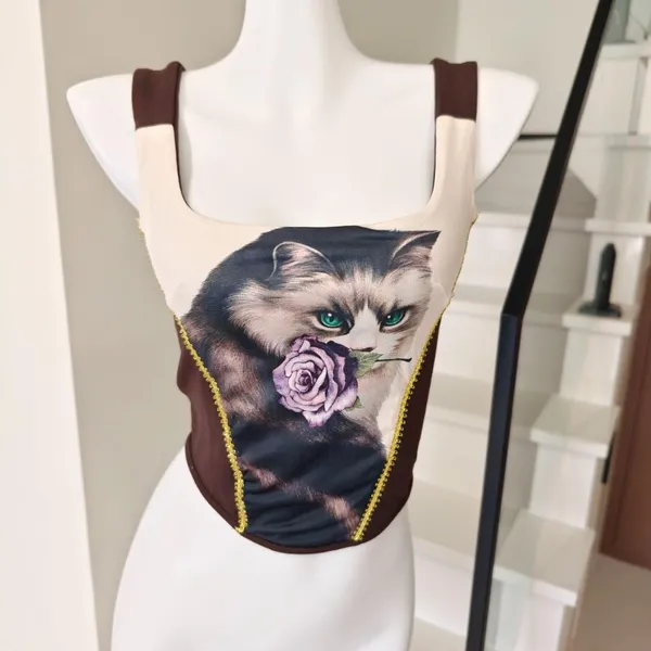 Cat Rose Print Corset Tank Top Color Block Square - Image 2