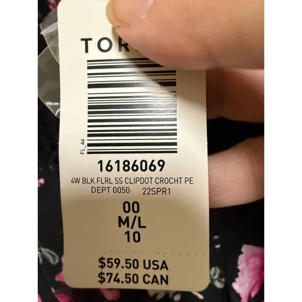 Torrid Peplum Chiffon Clip Dot Crochet Top 00 M/L 10 Black Floral - Image 11