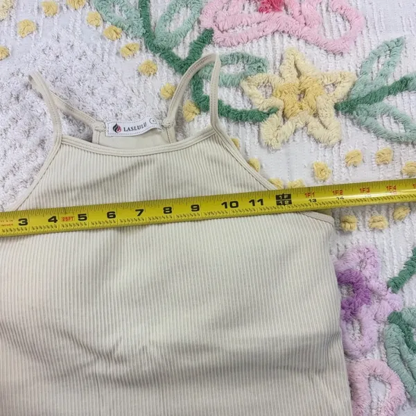 LASLULU Ribbed Halter Crop Tank Top‎ Cream Beige Seamless Workout Athleisure S - Image 4