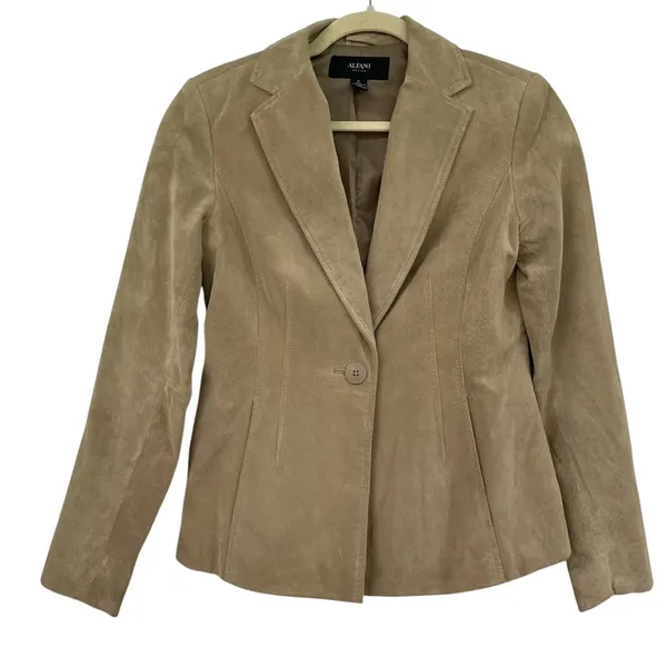 Alfani Tan Leather Women Blazer Jacket SP Suede Fall Classic Preppy Coat Classic - Image 2
