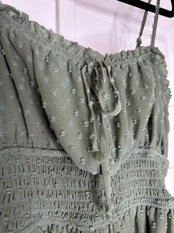 Trixxi Sage Green Swiss Dot Smocked Mini Dress Size Small Boho Cottagecore - Image 4