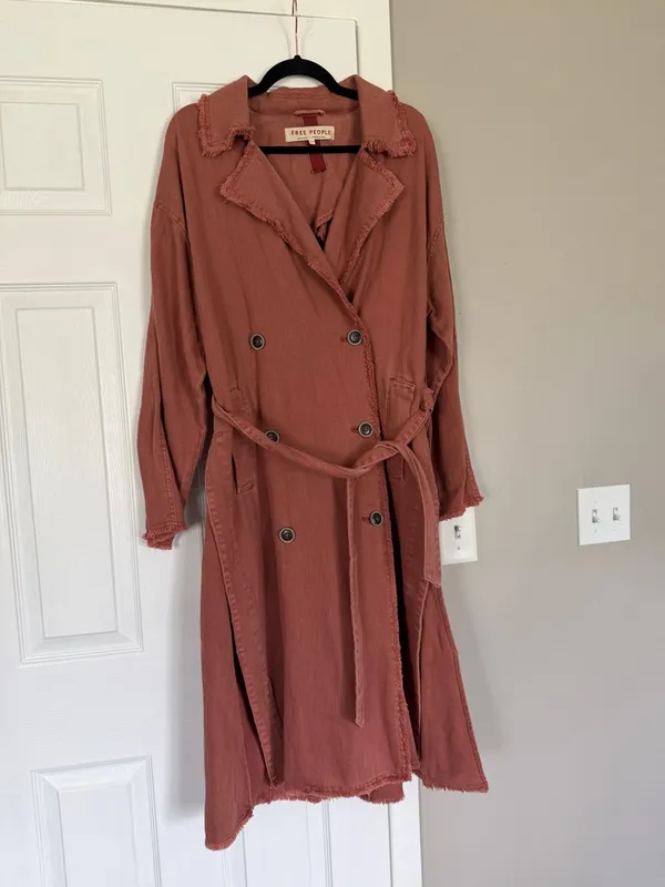Free People Dusty Rose Long Coat Jacket Belted Double Breasted Trench Coat - Image 6