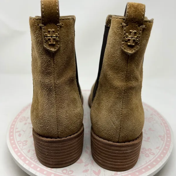 Tory Burch Chelsea Boots Women 10.5 Tan Suede Leather Square Toe Block Heel Pull - Image 4