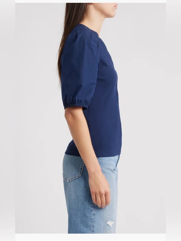Madewell Puff Sleeve Henley Knit Top Blue Modal Blend Size XL NWT - Image 11