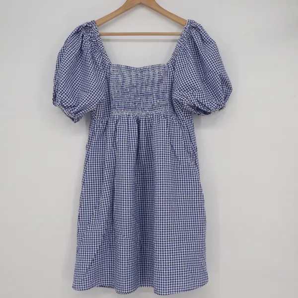 Old Navy Blue Gingham Puff Sleeve Smocked Mini Dress Womens Size M - Image 5