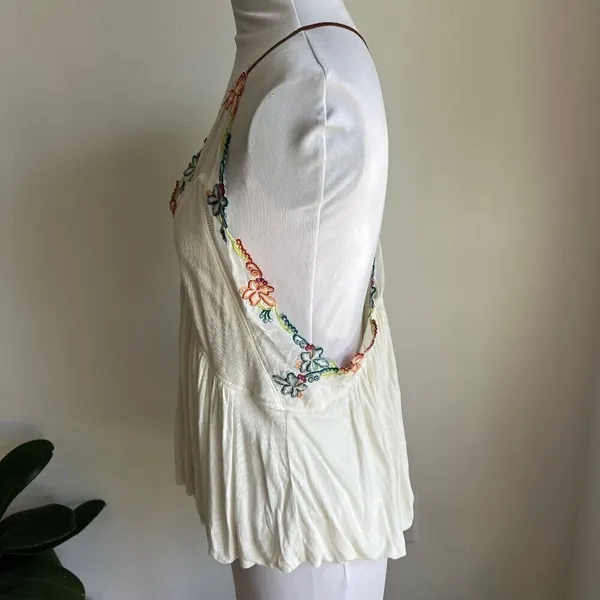 Free People Island Time Floral V Neck Tank Top Ivory Leather Straps - Image 4