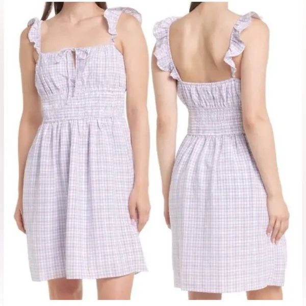 WAYF Purple Gingham Checkered Smocked Waist Flutter Sleeve Midi Dress SZ M NWT - Image 2