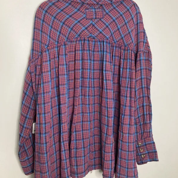 New Free People Oversized Bohemian Grunge Cardiff Plaid Swing Top Shirt Small - Image 9