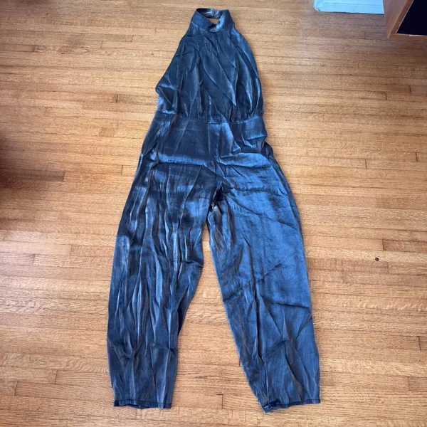 Zara Metallic Grey Halter Open Back Jumpsuit High Neck Size L - Image 3