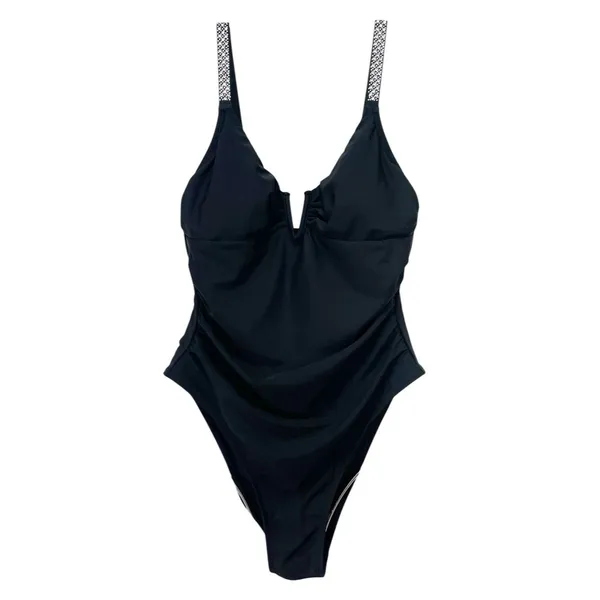 NWT Cupshe Reverie Land V Wire One Piece Swimsuit Medium Black Rhinestone Strap - Image 2