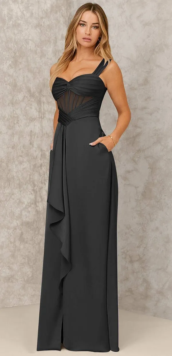 Azazie NWT X KENDALL + KYLIE A-Line Ruched Stretch Satin Floor-Length Dress in Black. Size 10. - Image 2