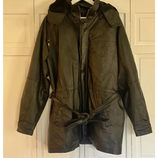 Vintage Leather black hooded faux fur lined trench jacket M - Image 11