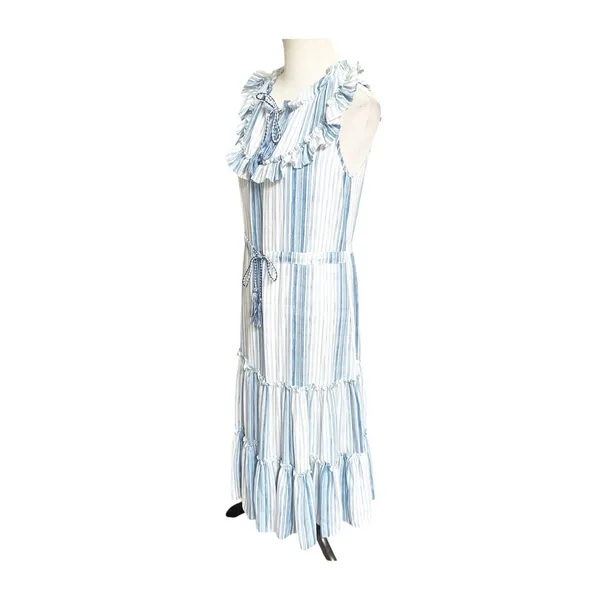 MISA Los Angeles Medium Aleja Stripe Print Linen Midi Dress White Blue Tassel - Image 5