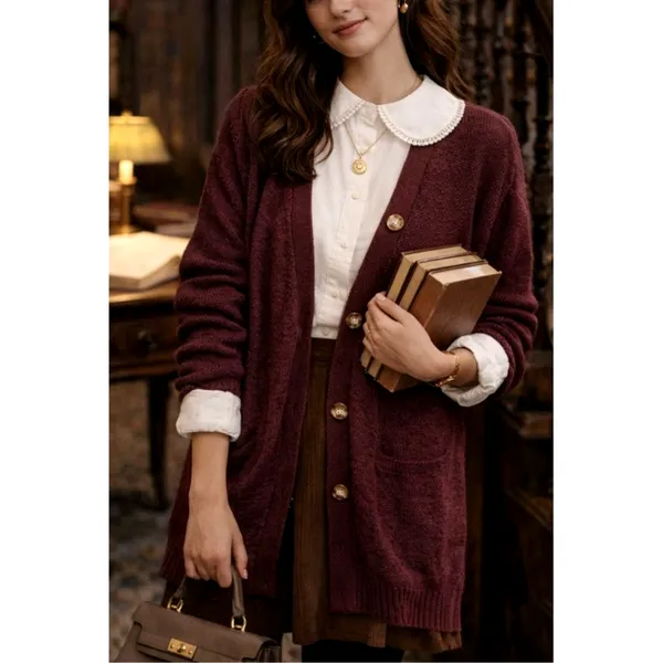 Equipment Femme Academia Button Up Cardigan Sweater Small Maroon Heritage Prep - Image 5