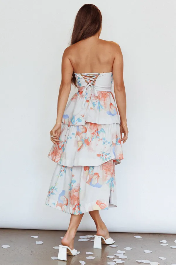 Outshine Strapless Tiered Midi Dress Floral in Peach - Image 4