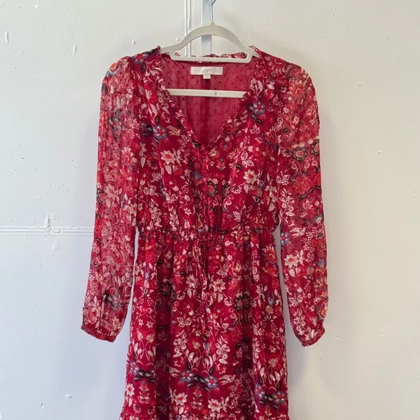 Loft Red Floral‎ Swiss Dot Midi Dress Long Sleeve Button Front V-Neck XS Red - Image 3