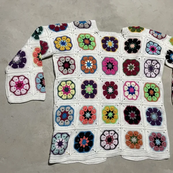 Granny Square Handmade Crochet Cardigan Woolen Knit Colorful Homemade SZ Medium - Image 5