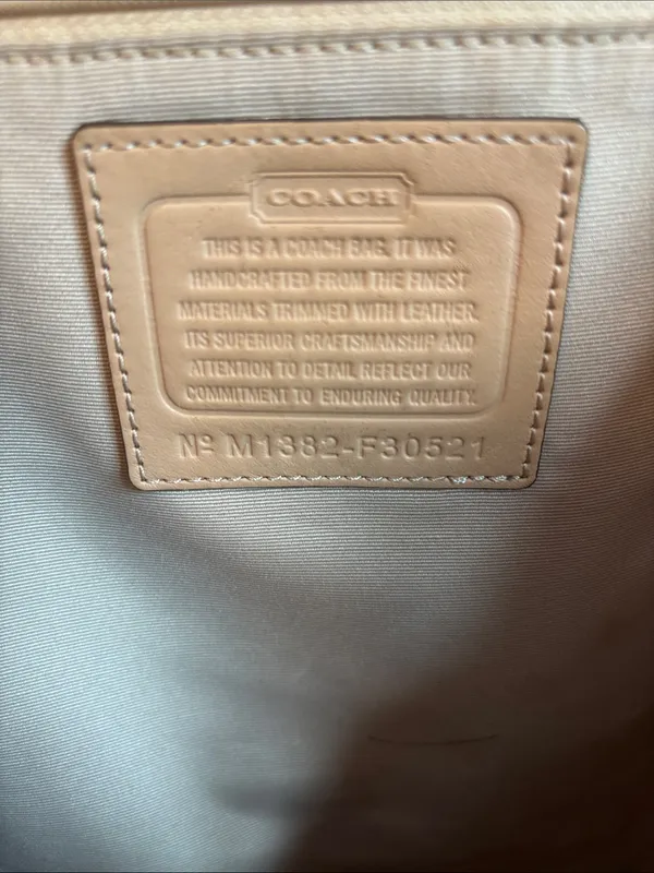 Coach Beige Signature Canvas Tote with Yellow Center Stripe and Tan Handles - Image 5