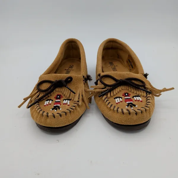 Minnetonka Thunderbird II Suede Moccasins Tan‎ Beaded Fringe Womens 6 177 - Image 3