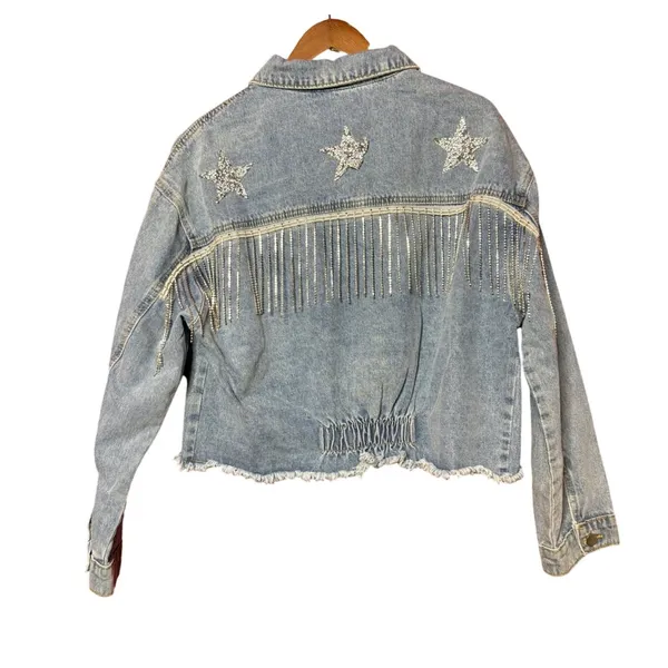 NWT Joiemont Women XL Light Wash Distressed Denim Jacket Rhinestone Stars Fringe - Image 3