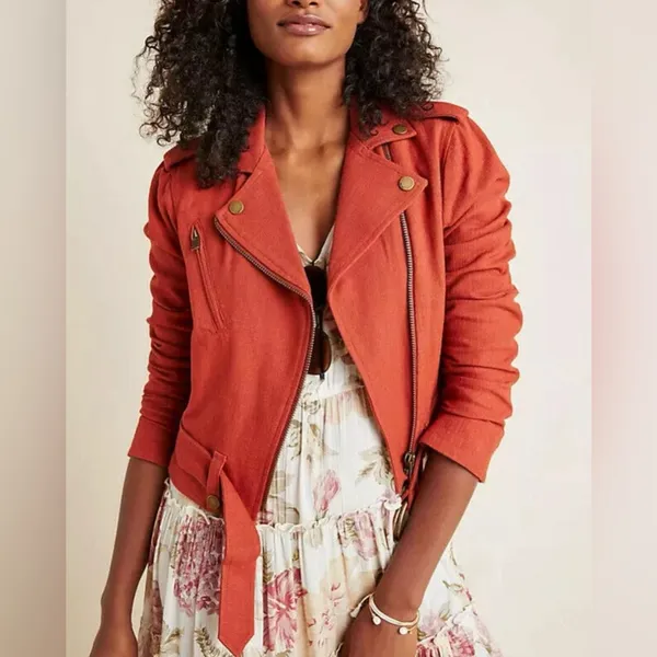 FRYE x Anthropologie Cropped Vita Cotton Moto Jacket in Burnt Cedar‎ Size XS - Image 2
