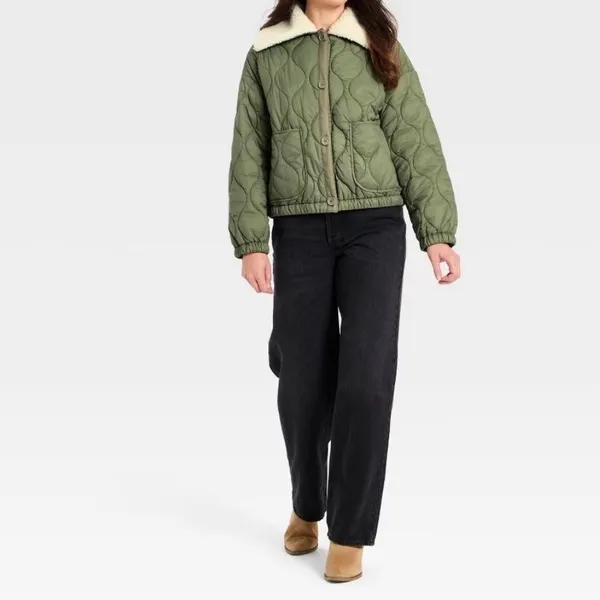 Universal Threads Olive Green Quilted Jacket Faux‎ Shearling Collar Small NWT - Image 7