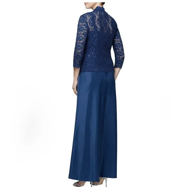 Alex Evenings Navy Blue Lace‎ Glitter Two Piece Jacket Sleeveless Satin Dress 6 - Image 2