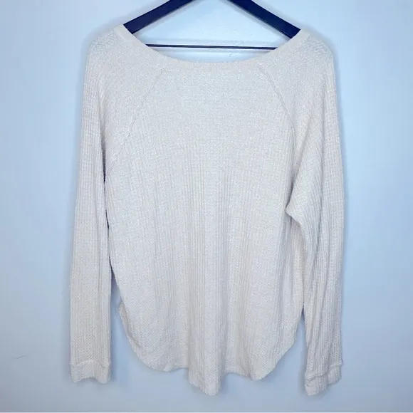 American Eagle Cream Soft & Sexy Plush Waffle‎ Knit V-neck Loungewear Top Size L - Image 2