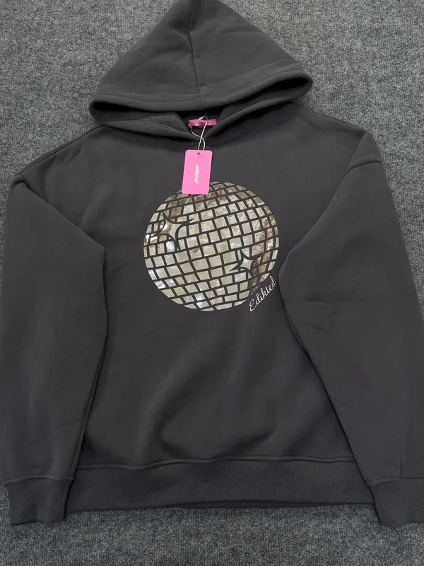 Edikted Oversized Charcoal Gray Hoodie with Silver Disco Graphic - Image 2