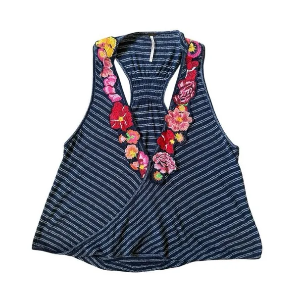 Free People Floral Striped Sleeveless Applique Top Size XS Embroidered Boho - Image 3