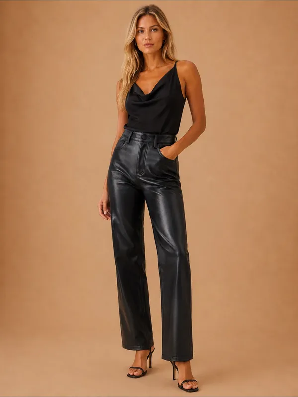 Abercrombie & Fitch Black 90s Ultra High Rise Vegan Leather Straight Leg Pants - Image 7