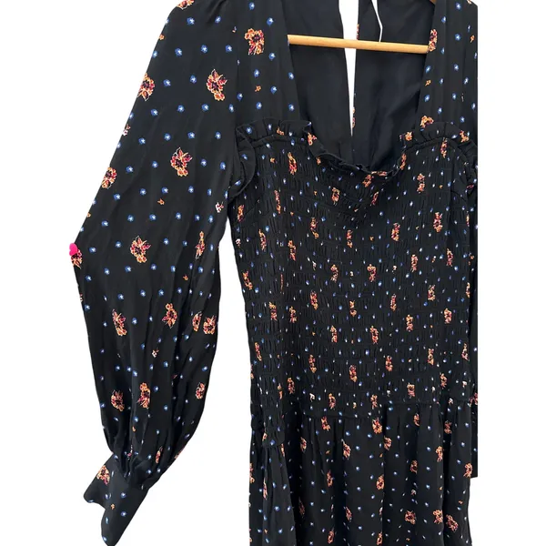 Free People Two Faces Smocked‎ Printed Mini Dress Black Combo Size Large - Image 8