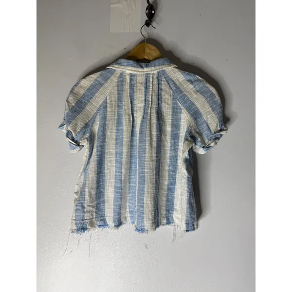 Free People We The Free Blue White Striped Linen Blend Button Down Shirt Cropped - Image 2