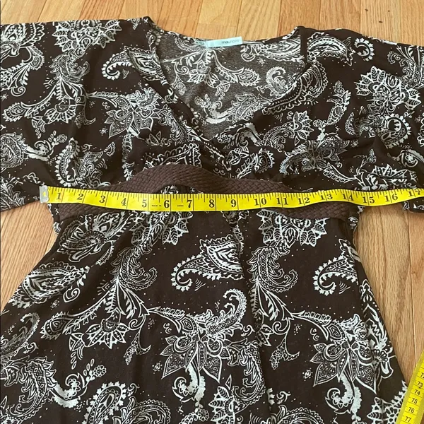 y2k Maurices Babydoll Top Womens Medium Brown White Paisley Print Boho Prairie - Image 4