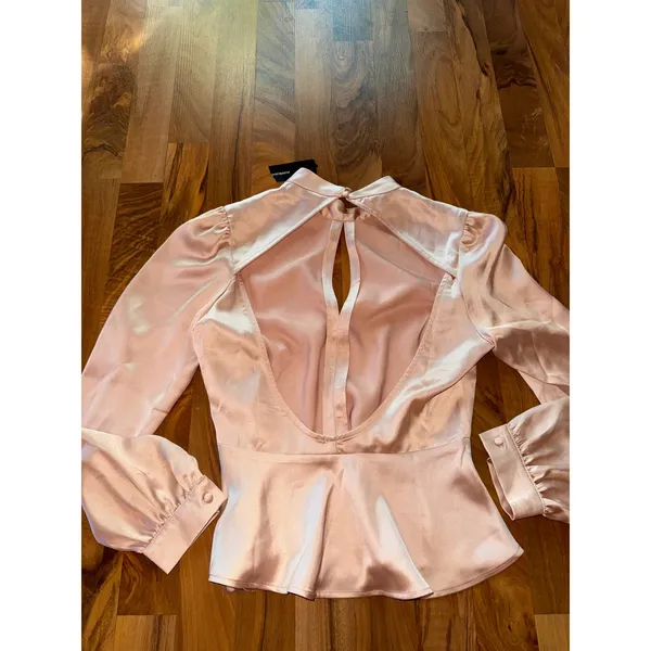 Lulus Satin Peplum Top Mock‎ Neck Long Sleeve Blouse Cutout Back Party Women S - Image 6