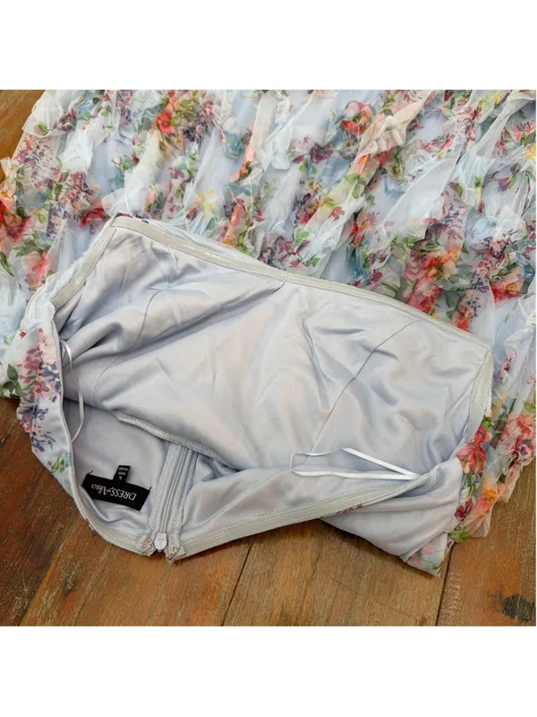 DressAlisa Light Blue Floral Mesh Tiered Ruffle Maxi Dress Strapless NWOT Large - Image 12