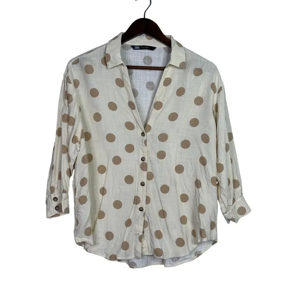 Zara Button Up Shirt Textured Polka Dot Collared Long Sleeve Small Ivory Beige - Image 2