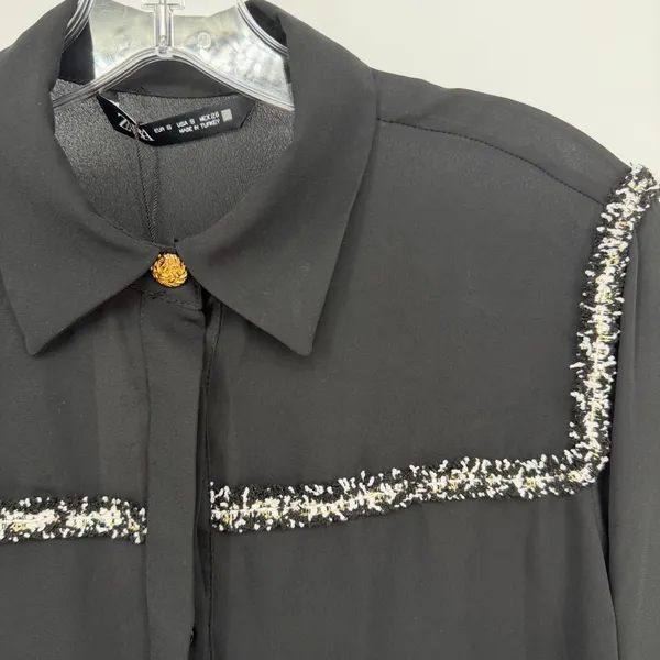 Zara Blouse Womens S Black Tweed Boucle Minimalist Workwear Classic Luxury Chic - Image 5